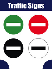 Color Variations of Circular Horizontal Bar Traffic Signs. Four circular signs with horizontal bars, each in different color schemes representing variations of traffic or prohibition indicators.