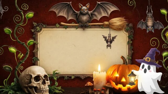 Halloween scene with bat skull pumpkin candle ghost  Venus flytraps Frame in center