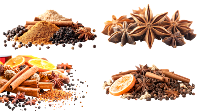 Set of isolates without background with images of various spices and herbs for mulled wine - cinnamon sticks, dried orange, cloves, anise.