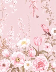 繊細な春の花々のヴィンテージパターン – Elegant Vintage Floral Pattern in Soft Spring Tones