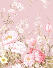 繊細な春の花々のヴィンテージパターン – Elegant Vintage Floral Pattern in Soft Spring Tones