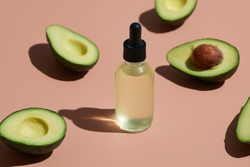 A visually appealing setup of avocado slices and a dropper bottle creates a vibrant and eye-catching scene. Evoking a sense of freshness, healthy living, and natural skincare products.