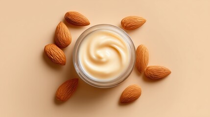 A luxurious skincare cream with almonds and a swirl, perfect for beauty and wellness. Capturing a sense of nourishment and natural care.