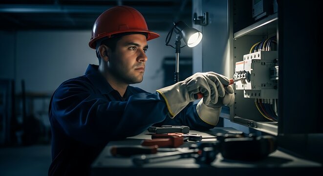 Emergency Electrician Fixing Circuit Breaker at Nighttime