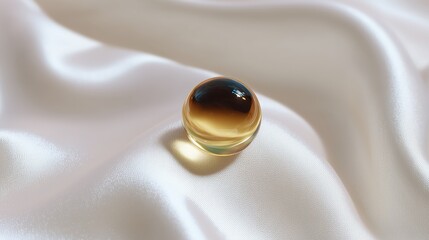 A radiant golden oil capsule is placed on a piece of silk cloth. Capturing a perfect blend of elegance and wellness.
