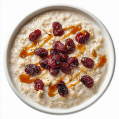 A plate of hearty porridge with raisins and honey on a white background
