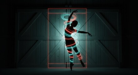 Neon-lit silhouette of female ballet dancer in artistic pose with glowing lines