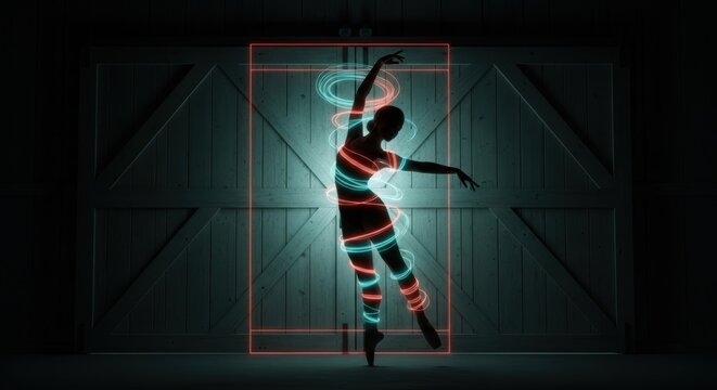 Neon-lit silhouette of female ballet dancer in artistic pose with glowing lines - Powered by Adobe