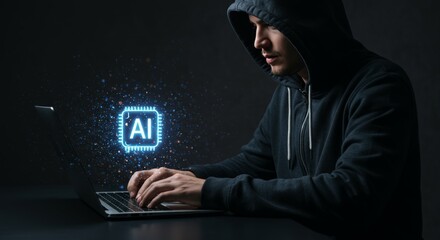 Hooded figure using laptop with glowing AI symbol and digital particles in dark tech environment