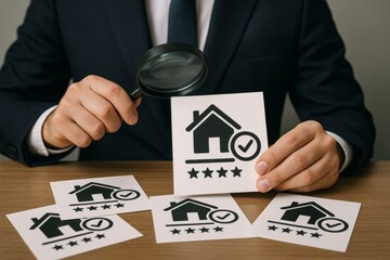 Businessman in suit auditing real estate transactions with house icons and quality approval marks