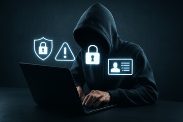 Hacker in dark hoodie using laptop with cybersecurity and identity theft icons floating above