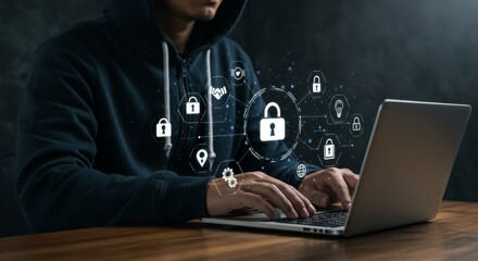 Hacker in dark hoodie using laptop with cybersecurity and identity theft icons floating above