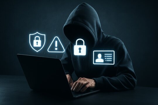 Hacker in dark hoodie using laptop with cybersecurity and identity theft icons floating above