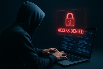 Person in dark hoodie working on laptop with holographic access denied message and cybersecurity code