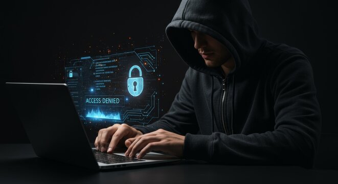 Person in dark hoodie working on laptop with holographic access denied message and cybersecurity code