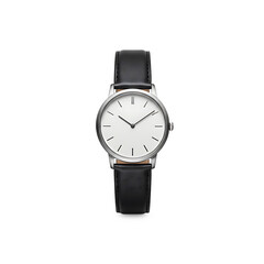 Elegant black leather strap watch with minimalist white face  