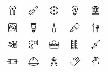 A functional bundle showcasing essential electrician tools and equipment in clean, consistent line style—ideal for electrical service branding, manuals, and workshop posters