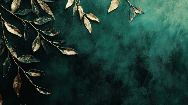 Elegant Emerald Green Texture with Golden Leaf Accents Artistic Background.