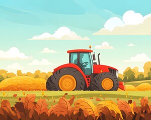 Obraz premium A vibrant illustration of a red tractor working in a golden field under a bright blue sky. This scene captures the essence of agricultural life and the beauty of rural landscapes.