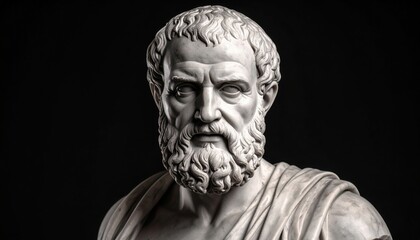 Fototapeta premium A dramatic portrait of an ancient Greek philosopher Socrates bust on a dark background, symbolizing wisdom.