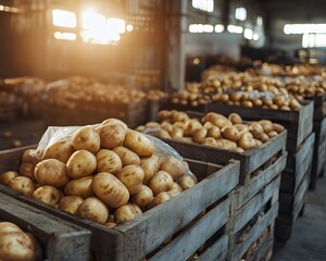 Freshly harvested potatoes piled in wooden crates inside a farm warehouse, illuminated by soft sunlight, showcasing a vibrant agricultural scene.