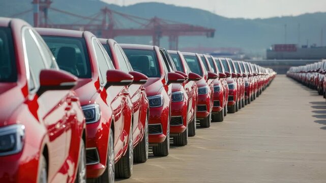 Row of red cars parked side by side, ready for action
