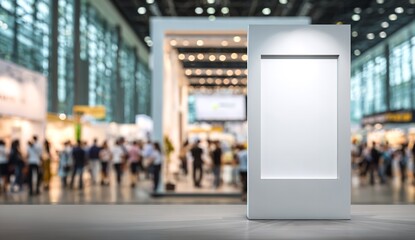 Obraz premium Blank White A4 Card on Table at Business Fair Booth – Mockup Display with Blurred People in Background and Bokeh Effect