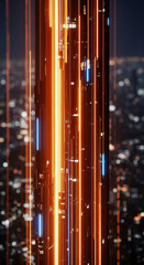 Obraz premium Abstract image of vertical orange and blue glowing lines against a blurred city backdrop, suggesting technological advancement or futuristic cityscape
