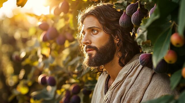 Jesus Christ standing at fruitful fig tree with bright sunlight	
