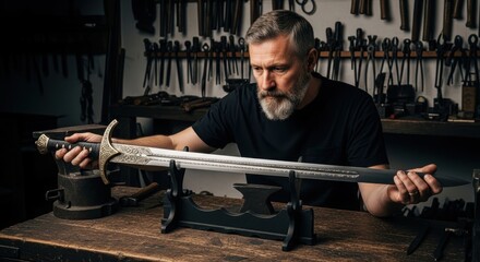 Mature caucasian male craftsman examining intricate sword in workshop setting