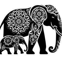 Ornate Black and White Elephant Family Silhouette.
