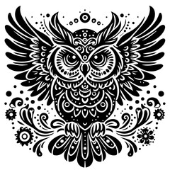 Ornate Black and White Owl Illustration with Wings Spread.