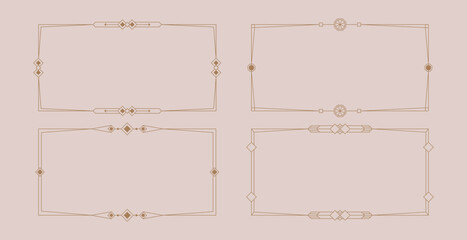 Art deco frames. Elegant line borders. Vintage decorative elements collection, geometric minimalistic dividers and frames for wedding invitation or greeting card. Vector set