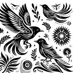 Stylized Black Birds and Floral Ornaments.