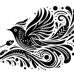Stylized Black Bird with Flowing Ornate Wings.