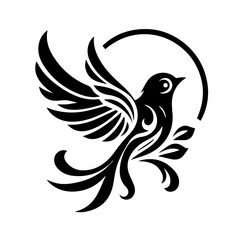 Stylized Black Bird with Flowing Wings and Leaves.