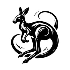 Stylized Black Kangaroo Leaping with Swirling Tail.