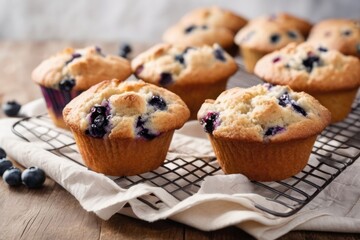 Freshly baked blueberry muffins cooling on a wire rack with a cloth napkin. Cozy homemade baking scene, perfect for cookbooks, blogs, menus, packaging, advertising, editorial use, cafe, print, card