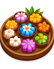 Colorful Flower Shaped Sweets on Wooden Tray,clipart, cut out, no background ,PNG die-cut for advertising
