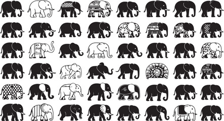 Numerous elephants with varied patterns and styles animal animals