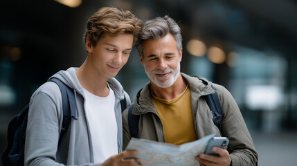 Fototapeta premium Father and son exploring together on a travel adventure