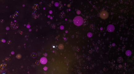 Floating violet bubbles with iridescent reflections on a dark background, featuring bokeh effects and a surreal, dreamy atmosphere