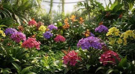 Fototapeta premium Vibrant garden with colorful flowers and butterflies in lush greenery
