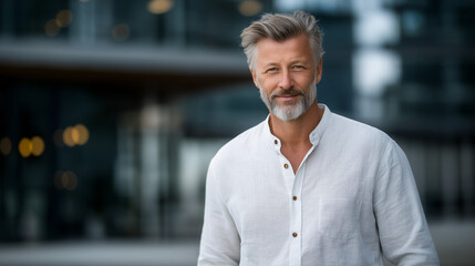 Fototapeta premium Confident middle-aged man in urban setting with natural light