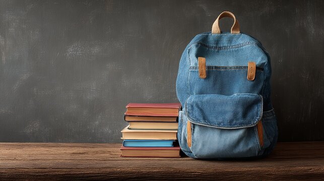 Denim backpack nestled beside a stack of textbooks, capturing the essence of back to school preparations against chalkboard backdrop.