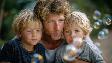 Fototapeta premium Father and son play with soap bubbles in a sunny park