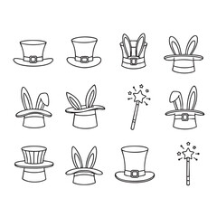 Obraz premium Top hats with bunny ears and magic wands magician costume