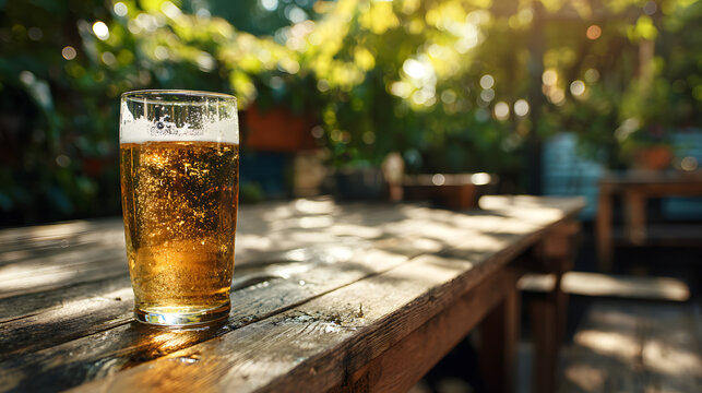 refreshing pint of beer on wooden table at outdoor bar summer relaxation and socializing product photography