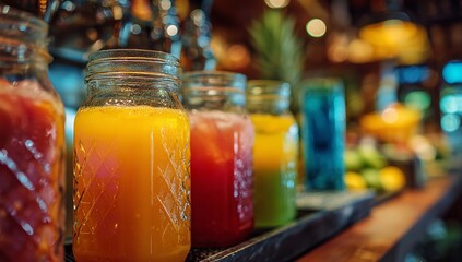 Colorful Bottled Juices Displayed on Stainless Steel Juicer Machine at Luxury Hotel Restaurant Bar – Fresh and Vibrant Beverage Presentation