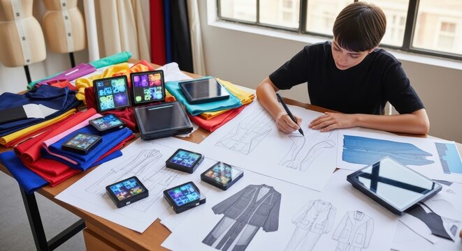 Young caucasian female fashion designer creating garment sketches with digital tablets in studio
